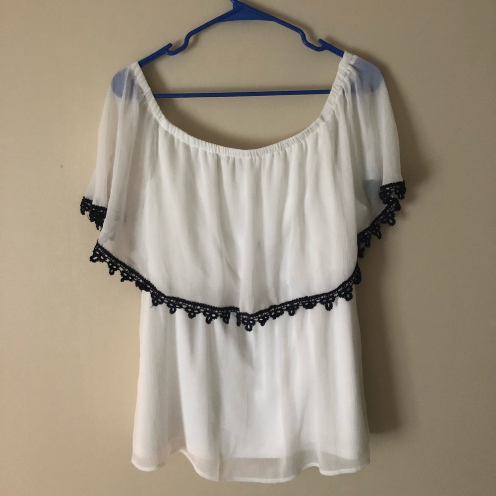 Off the shoulder white top with blue lace trim